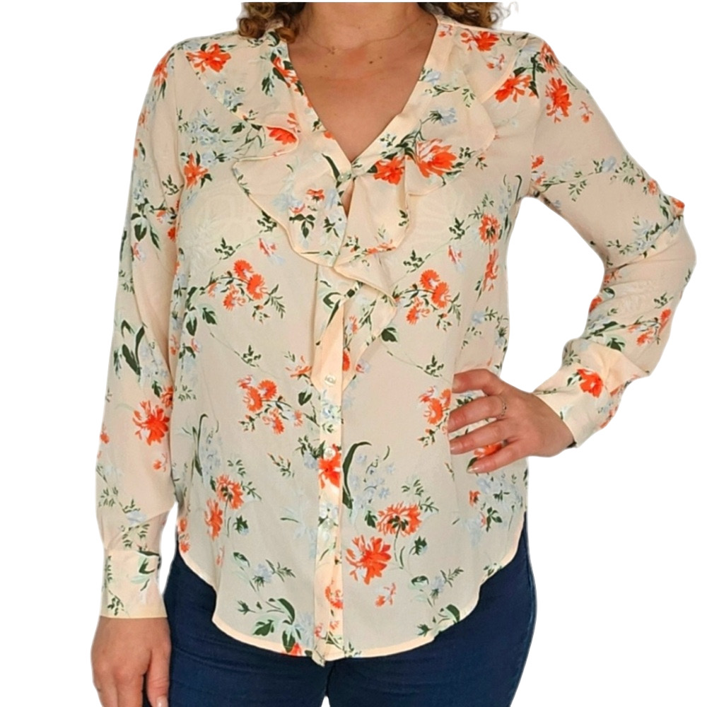 Ann Taylor Factor ruffle floral long sleeve blouse size L GUC..
